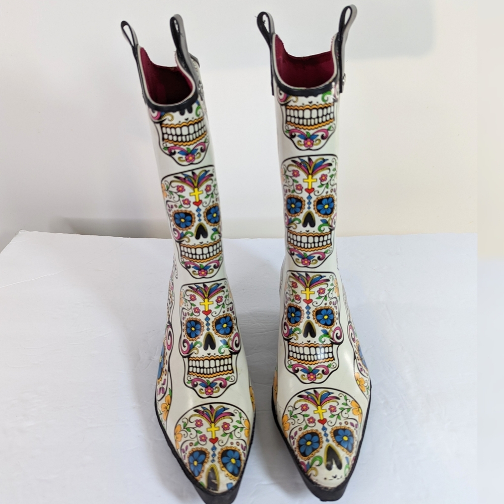 SOLD Rain Boots Sugar Skull Dia de Meurtos 6 Western Boot Style Cowgirl - Picture 2 of 15